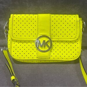 Michael Kors Neon Yellow Perforated Crossbody with Silver MK Emblem